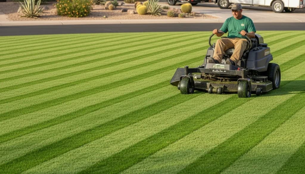 Lawn mowing crew servicing a residential property