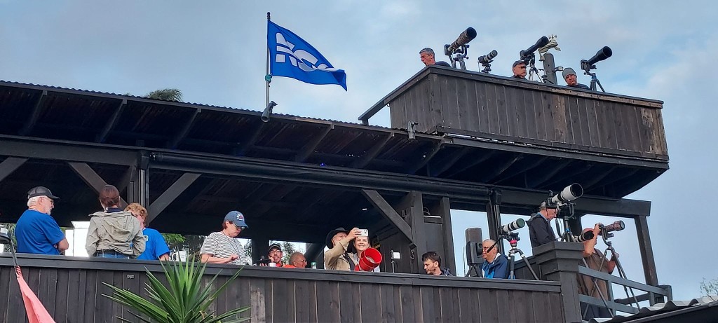 Elevated launch viewing platform with telescopes